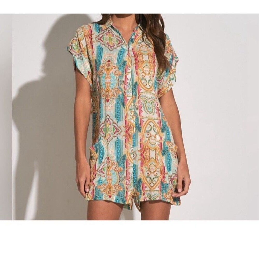 Elan Chambray Colorful Paisley Jumpsuit hippie Romper Women Sz Medium NWT #123